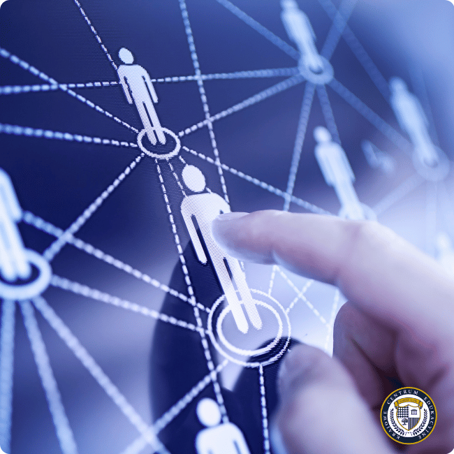 eć połączeń między ikonami ludzi na niebieskim tle - wizualizacja budowania sieci kontaktów i analizy profili społecznościowych.