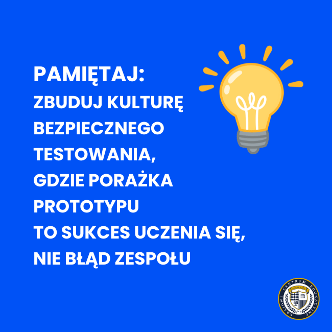 Infografika z żarówką i tekstem o budowaniu kultury bezpiecznego testowania, gdzie porażka to lekcja, nie błąd.