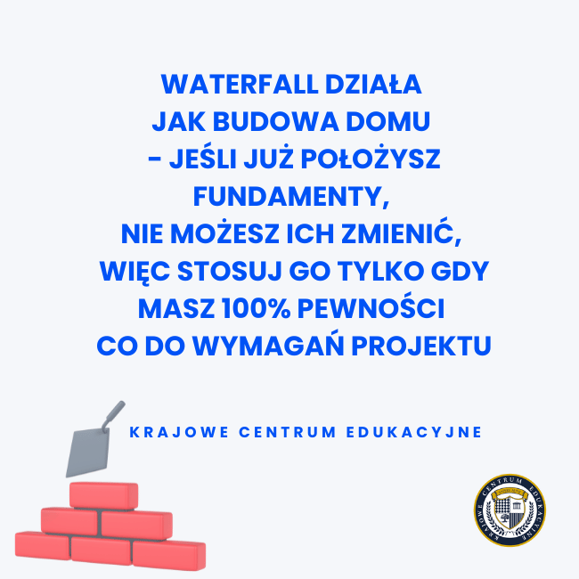 Infografika edukacyjna przedstawiająca cegły i kielnię jako metaforę metodyki Waterfall w zarządzaniu projektami, z cytatem o niezmienności fundamentów, logo Krajowego Centrum Edukacyjnego