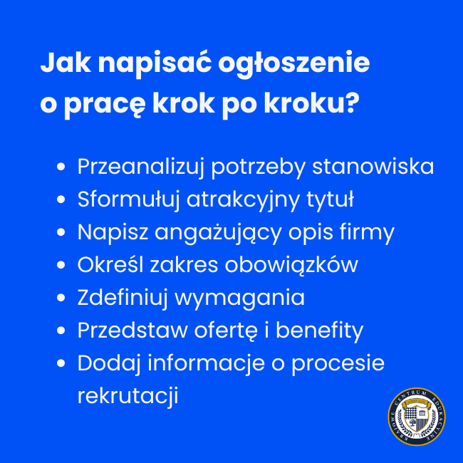 Infografika przedstawiająca proces tworzenia ogłoszenia o pracę: przeanalizuj potrzeby stanowiska, sformułuj atrakcyjny tytuł, napisz angażujący opis firmy, określ zakres obowiązków, zdefiniuj wymagania, przedstaw ofertę i benefity, dodaj informacje o procesie rekrutacji