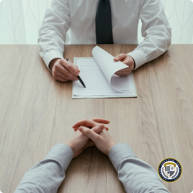 Rozmowa rekrutacyjna - rekruter przeglądający dokumenty aplikacyjne kandydata podczas spotkania w biurze