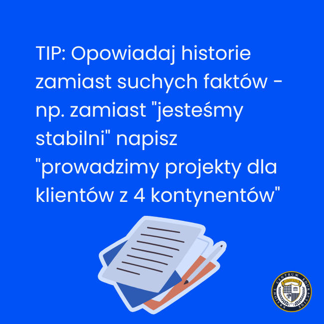 Grafika edukacyjna z tipem rekrutacyjnym: opowiadaj historie zamiast podawać suche fakty w opisie firmy, przykład z projektami dla klientów z 4 kontynentów