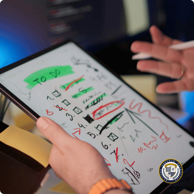 Zbliżenie na osobę trzymającą tablet z odręcznie spisaną listą zadań "TO DO", z licznymi skreśleniami, notatkami i symbolami