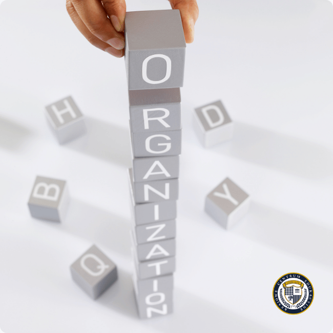 Ręka ustawiająca szary klocek z literą "O" na szczycie wieży klocków, tworząc słowo "ORGANIZATION" (OrganizACJA), symbolizujące budowanie systematycznego porządku.