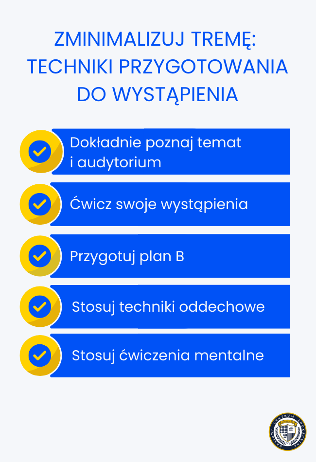 Lista 5 technik minimalizowania tremy: poznaj temat, ćwicz, miej Plan B, użyj technik oddechowych i ćwiczeń mentalnych.