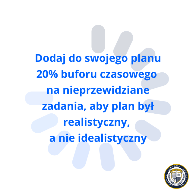 Tip o buforze czasu na tle symbolu ładowania: "Dodaj do swojego planu 20% buforu czasowego na nieprzewidziane zadania, aby plan był realistyczny, a nie idealistyczny."