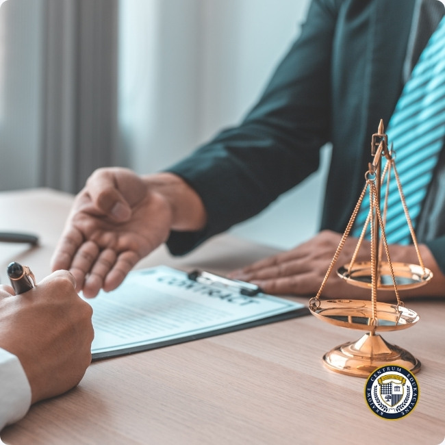 Zasady prawa pracy – pracodawca i pracownik podpisują umowę o pracę przy biurku z wagą sprawiedliwości symbolizującą równe prawa stron