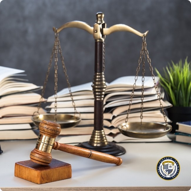 Zasady prawa pracy – waga sprawiedliwości, młotek sędziowski i księgi prawne symbolizujące równowagę między prawami pracownika a obowiązkami pracodawcy