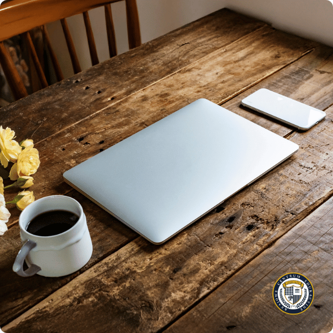 Laptop i smartfon na rustykalnym drewnianym stole obok filiżanki kawy i żółtych kwiatów - idealne miejsce pracy do prowadzenia biznesu afiliacyjnego online