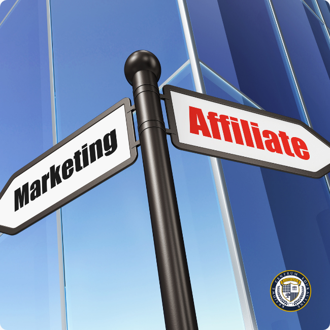 Drogowskaz ze strzałkami wskazującymi kierunki Marketing i Affiliate na tle nowoczesnego niebieskiego budynku biurowego i błękitnego nieba