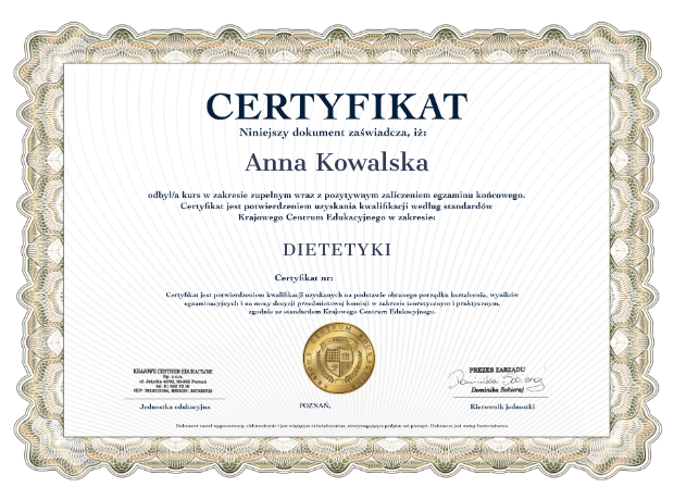 Certyfikat kursu dietetyki