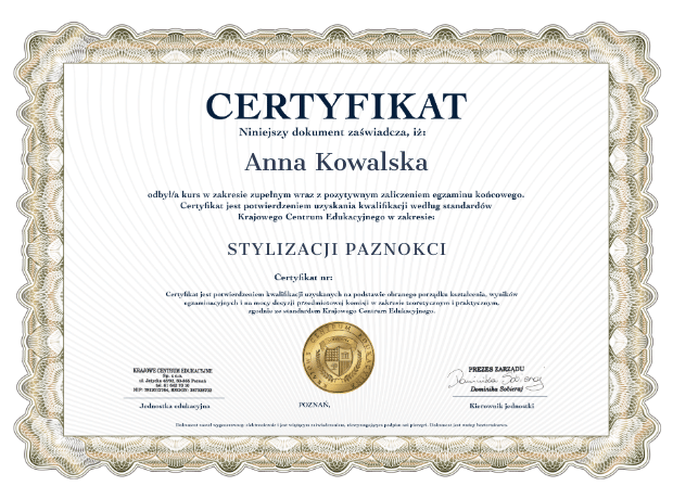 Certyfikat kursu stylizacji paznokci