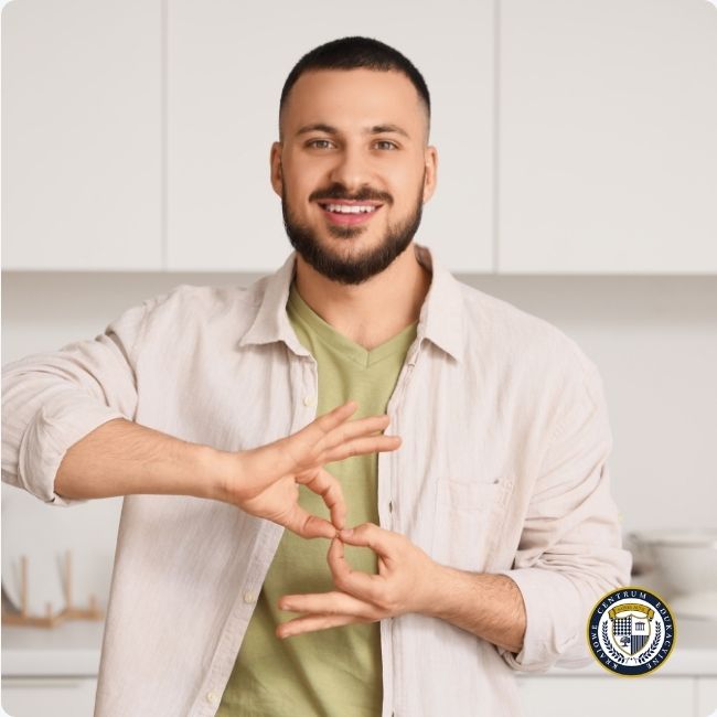 Uśmiechnięty mężczyzna z brodą demonstruje mowę rąk w jasnej kuchni, ubierając się w beżową koszulę i zieloną koszulkę.