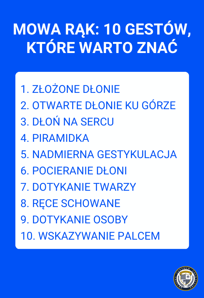 Infografika przedstawiająca 10 gestów rąk w komunikacji niewerbalnej: złożone dłonie, otwarte dłonie ku górze, dłoń na sercu, piramidka, nadmierna gestykulacja, pocieranie dłoni, dotykanie twarzy, ręce schowane, dotykanie osoby i wskazywanie palcem.