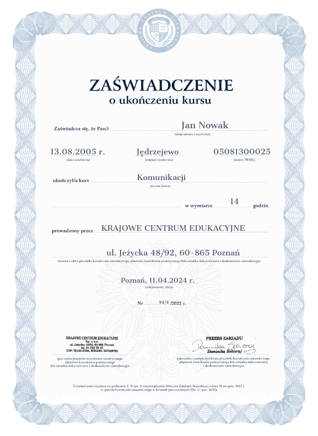 Zaświadczenie o szkoleniu z komunikacji