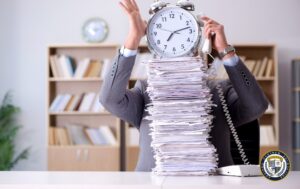 Stos dokumentów a na nim umieszczony zegar