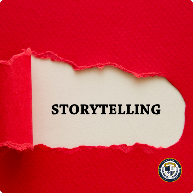 Czerwony poddarty papier odsłaniający beżowe tło z napisem "Storytelling" i logo Krajowego Centrum Edukacyjnego.