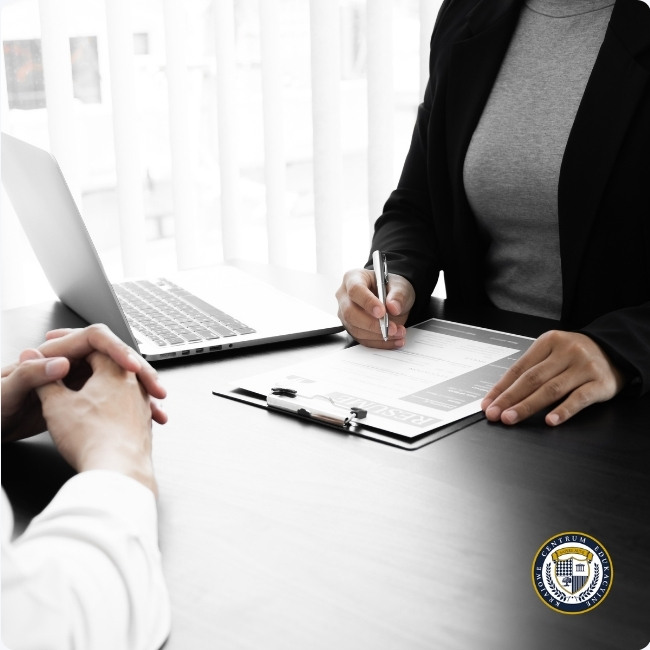 Zatrudnienie pracownika – podpisywanie umowy o pracę przy biurku podczas spotkania rekrutacyjnego.