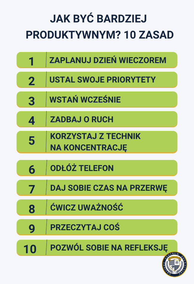 Infografika przedstawiająca 10 zasad bycia produktywnym