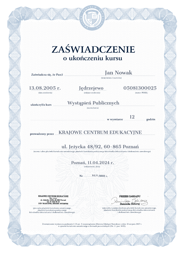 Zaświadczenie o szkoleniu z wystąpień publicznych