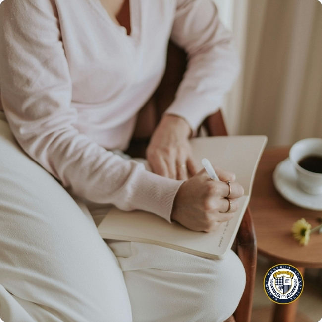 Kobieta siedząca w fotelu i zapisująca plan dnia w notatniku przy filiżance kawy