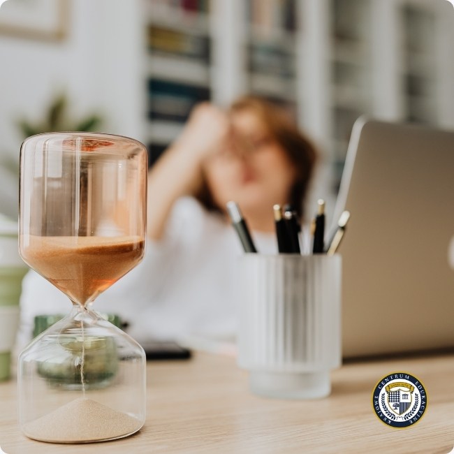 Klepsydra na biurku z laptopem i pracownicą w tle, symbolizująca upływający czas i presję deadline'ów prowadzącą do pracy w nadgodzinach