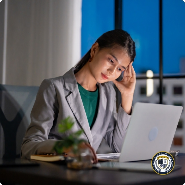 Zmęczona pracownica w garniturze siedzi przy laptopie w biurze wieczorem, ilustrując problem pracy w godzinach nadliczbowych