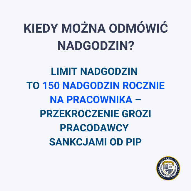 Infografika przedstawiająca kiedy można odmówić nadgodzin - limit nadgodzin to 150 rocznie na pracownika, przekroczenie grozi pracodawcy sankcjami od PIP