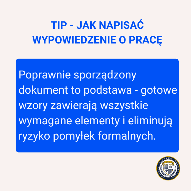 Niebieski prostokąt z białym tekstem wyjaśniającym, że poprawnie sporządzony dokument to podstawa, a gotowe wzory zawierają wszystkie wymagane elementy i eliminują ryzyko pomyłek formalnych.