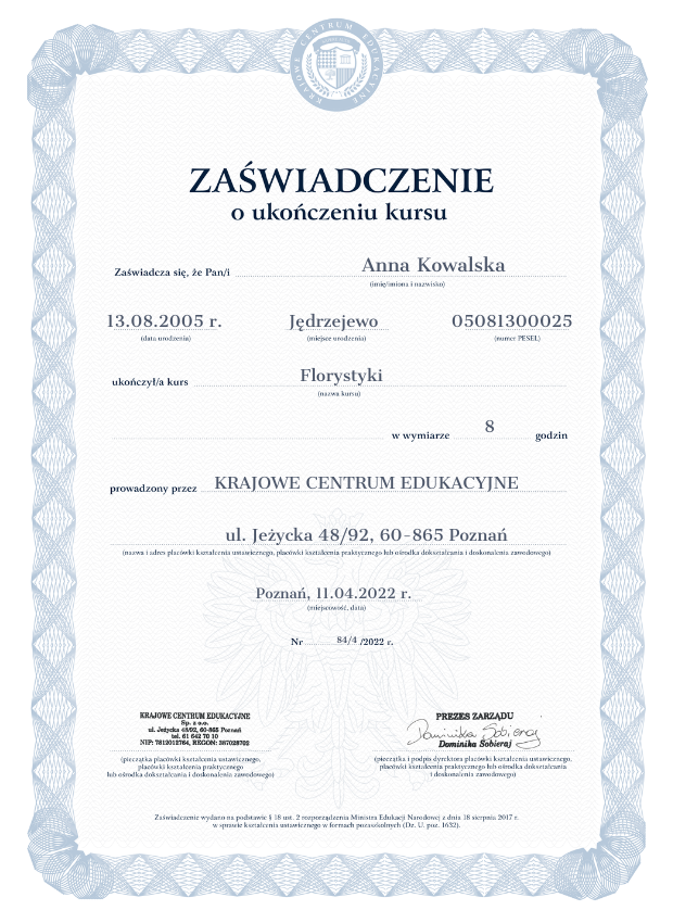 Zaświadczenie o ukończeniu kursu florystyki