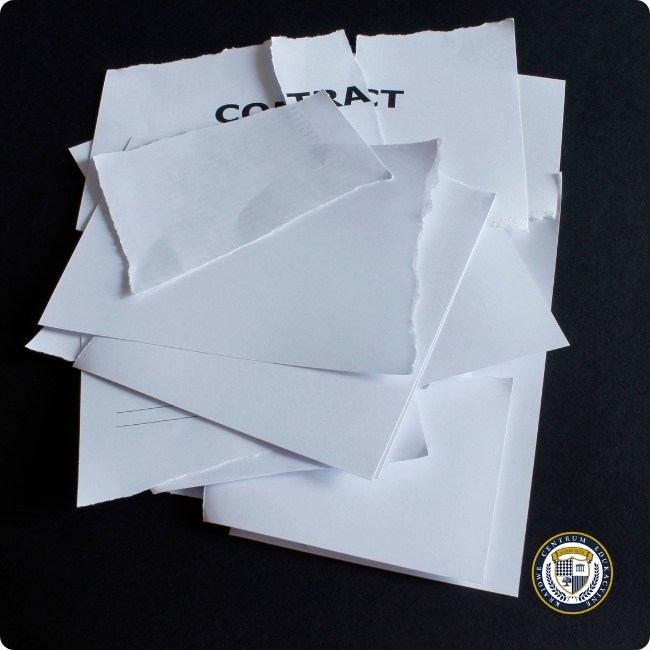 Zdjęcie podarowanych dokumentów umowy - stos białych kartek papieru na czarnym tle, z widocznym fragmentem słowa "CONTRACT" na jednym z poszarpanych dokumentów, symbolizujące rozwiązanie umowy o pracę.