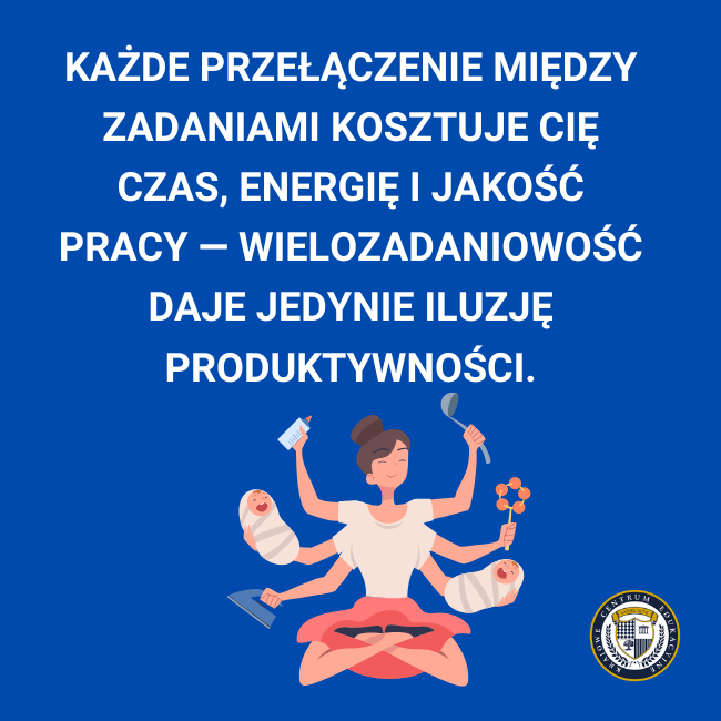 Grafika przedstawiająca wieloręką kobietę w pozycji medytacyjnej, która jednocześnie trzyma niemowlę, butelkę, łyżkę, kwiatek i ściereczkę — symbolizuje próbę robienia wszystkiego naraz, czyli multitasking.
