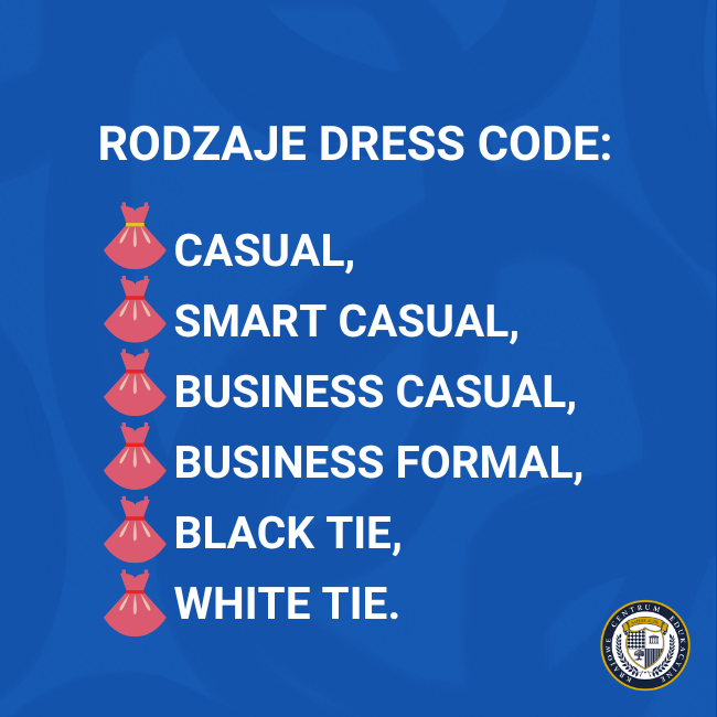 Infografika przedstawiająca 6 rodzajów dress code'u: casual, smart casual, business casual, business formal, black tie i white tie — każdy oznaczony ikoną sukienki na niebieskim tle.