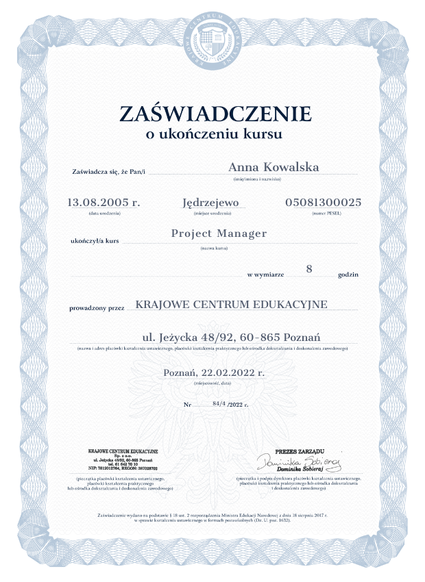 Zaświadczenie o ukończeniu kursu Project Manager