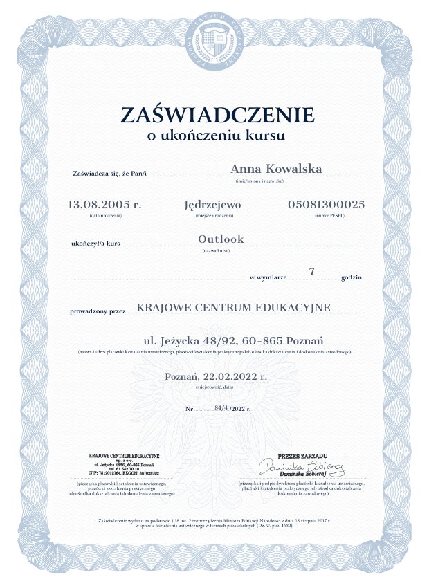 Zaświadczenie o ukończeniu kursu Outlook