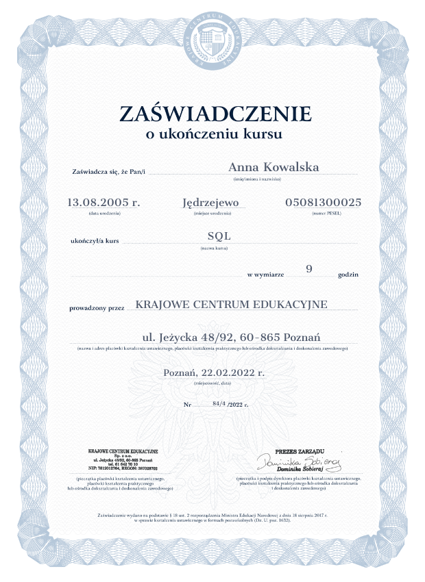 Zaświadczenie o ukończeniu kursu SQL